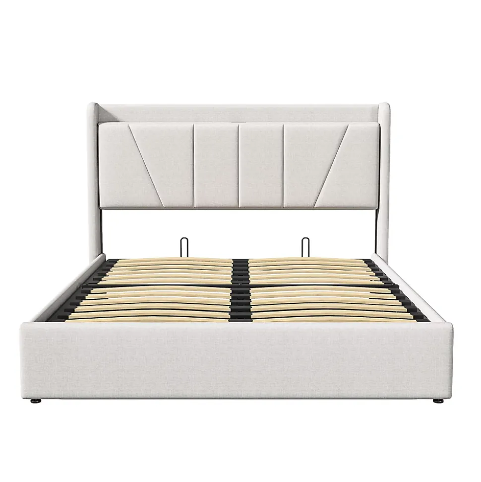 Lit capitonné 160x200cm, lit coffre avec 2 USB+1 interface type-c, Rangement sous le lit,Beige