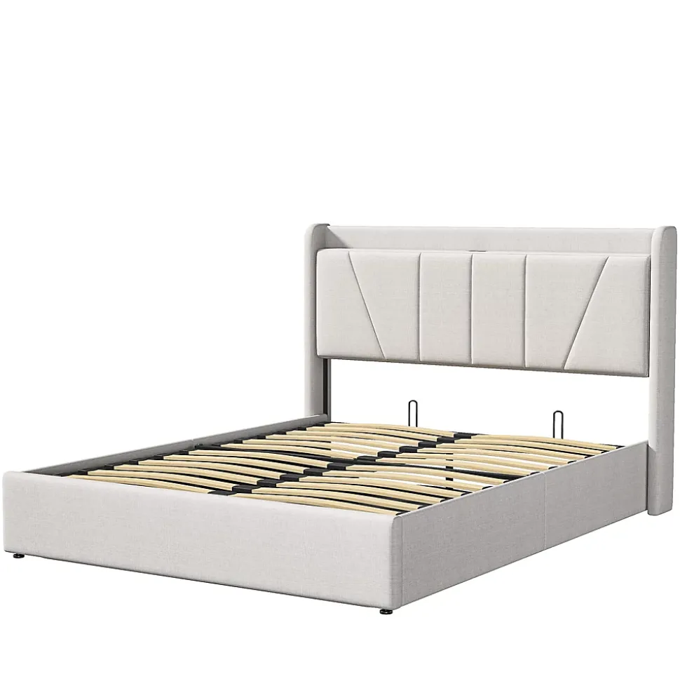 Lit capitonné 160x200cm, lit coffre avec 2 USB+1 interface type-c, Rangement sous le lit,Beige