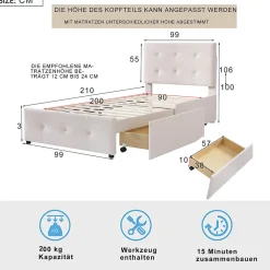 Lit capitonne 90 x 200 cm - avec 2 tiroirs, sommier à lattes et tête de lit relevable, tissu velours, style scandinave - Beige