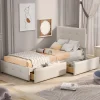 Lit capitonne 90 x 200 cm - avec 2 tiroirs, sommier à lattes et tête de lit relevable, tissu velours, style scandinave - Beige