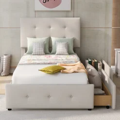 Lit capitonne 90 x 200 cm - avec 2 tiroirs, sommier à lattes et tête de lit relevable, tissu velours, style scandinave - Beige