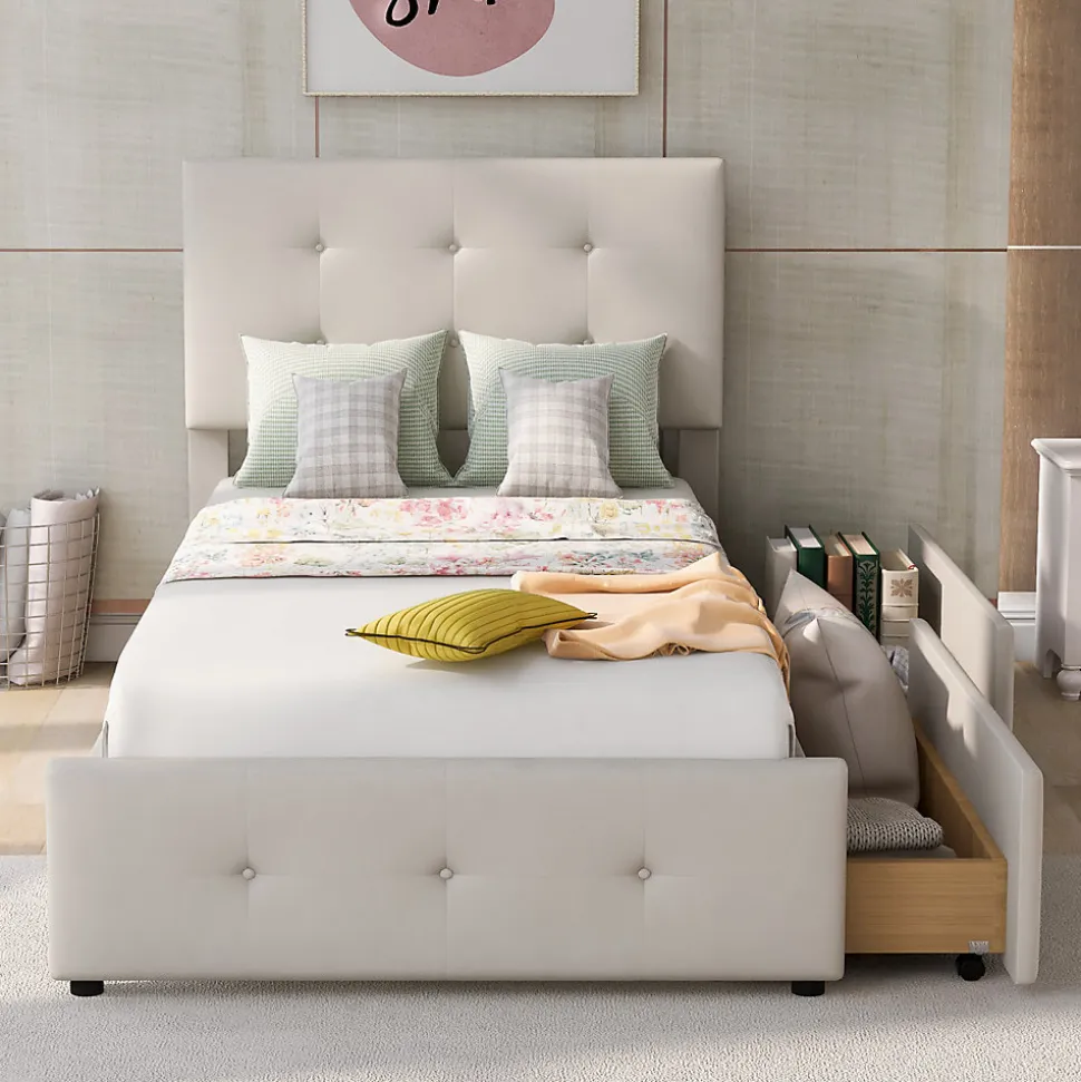 Lit capitonne 90 x 200 cm - avec 2 tiroirs, sommier à lattes et tête de lit relevable, tissu velours, style scandinave - Beige