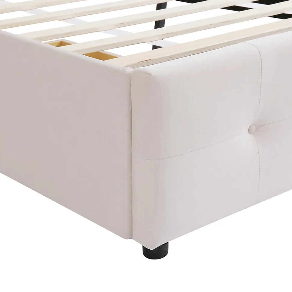 Lit capitonne 90 x 200 cm - avec 2 tiroirs, sommier à lattes et tête de lit relevable, tissu velours, style scandinave - Beige