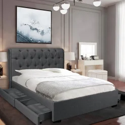 Lit CHELSEA 160x200 + 4 tiroirs + sommier / Gris foncé