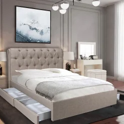 Lit CHELSEA 140x190 + 4 tiroirs + sommier / Beige