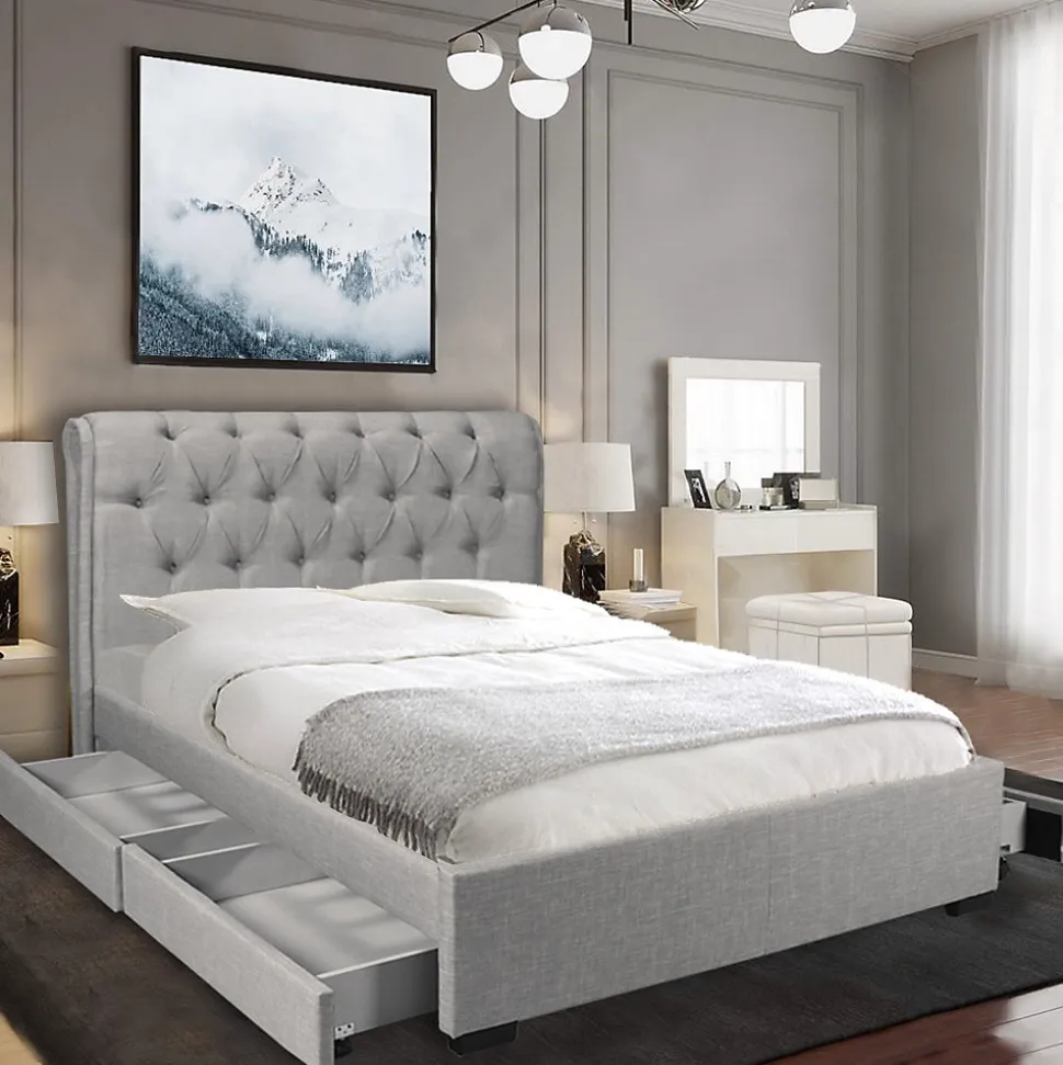 Lit CHELSEA 160x200 + 4 tiroirs + sommier / Gris clair