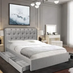 Lit CHELSEA 140x190 + 4 tiroirs + sommier / Gris clair