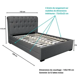 Lit CHELSEA 140x190+ 4 tiroirs + sommier / Gris foncé