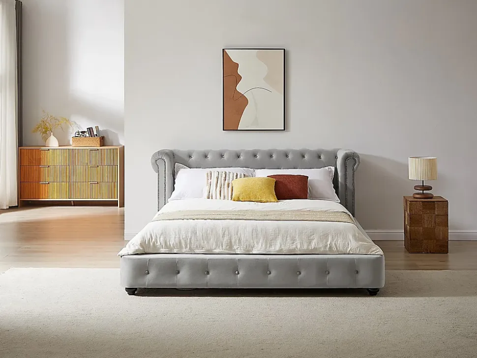 Lit chesterfield 160 x 200 cm - Velours - Gris clair + Matelas - TONGERLA