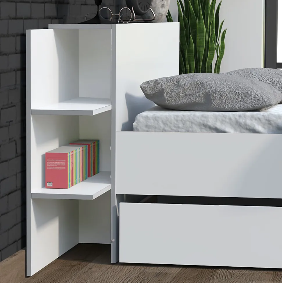Lit CITY 140x190 + tête de lit chevet + 1 tiroir / Blanc
