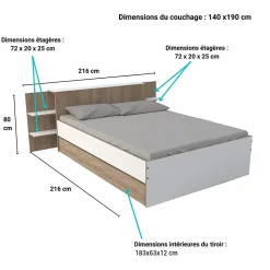 Lit CITY 140x190 + tête de lit chevet + 1 tiroir / Décor Blanc & chêne blanchi