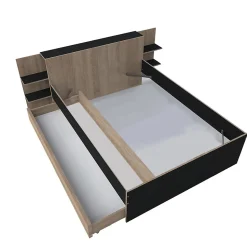 Lit CITY 140x190 + tête de lit chevet+ 1 tiroir / Décor Noir & chêne blanchi