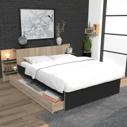 Lit CITY 140x190 + tête de lit chevet+ 1 tiroir / Décor Noir & chêne blanchi