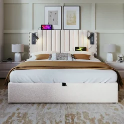 Lit Coffre - Lit Double 140x200 cm avec Rangement Hydraulique et Lampe de Lecture - Cadre en Coton - Beige - sans Matelas