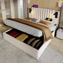 Lit Coffre - Lit Double 140x200 cm avec Rangement Hydraulique et Lampe de Lecture - Cadre en Coton - Beige - sans Matelas