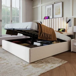 Lit Coffre - Lit Double 140x200 cm avec Rangement Hydraulique et Lampe de Lecture - Cadre en Coton - Beige - sans Matelas