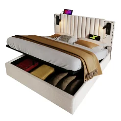 Lit Coffre - Lit Double 140x200 cm avec Rangement Hydraulique et Lampe de Lecture - Cadre en Coton - Beige - sans Matelas