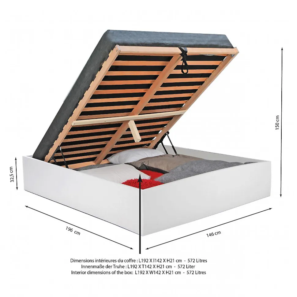 Lit coffre 2 places 140x190cm couleur Blanc avec sommier BILYBA
