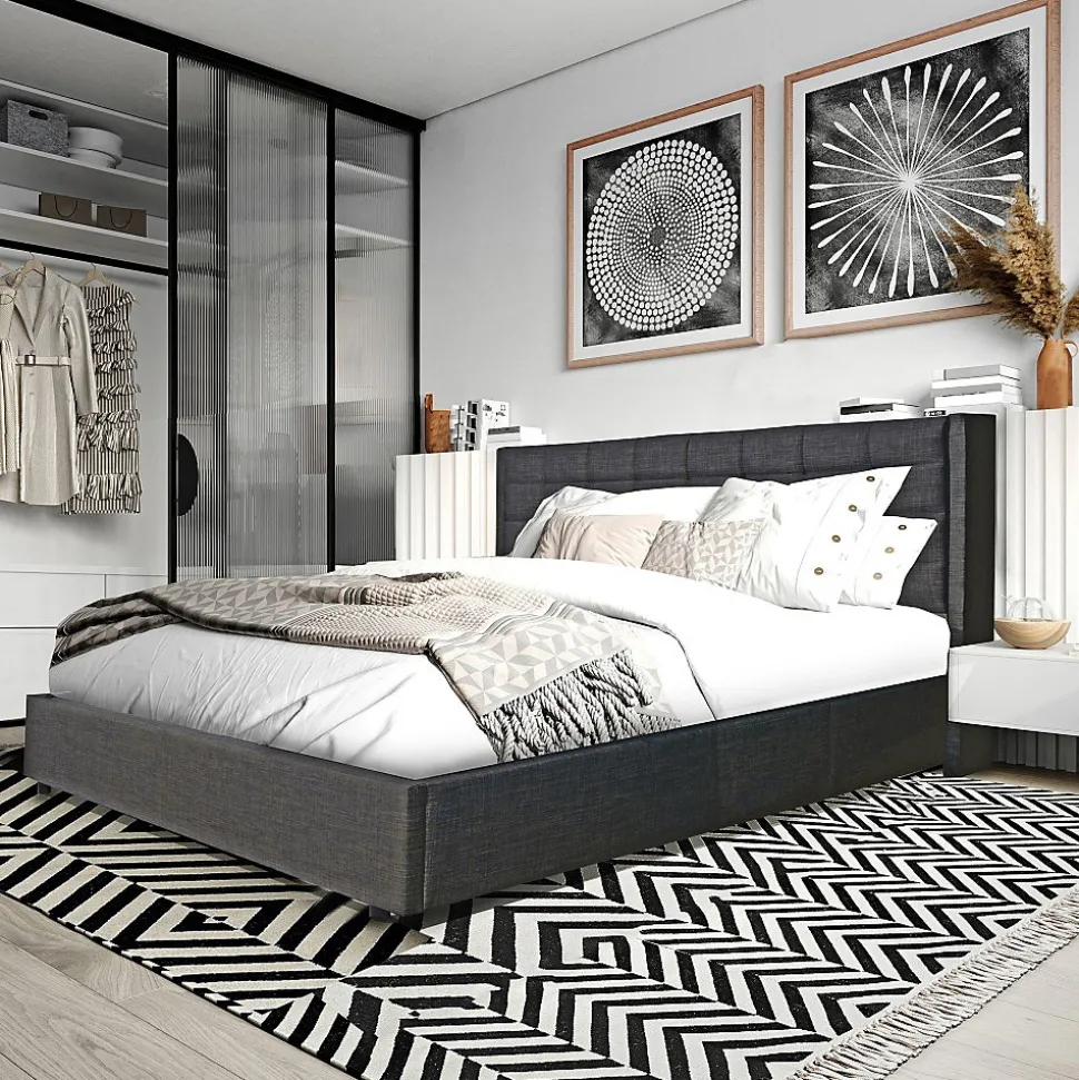 Lit coffre 2 places 160x200cm tissu Gris foncé avec sommier WALLE