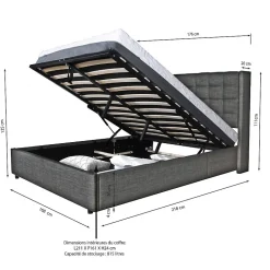 Lit coffre 2 places 160x200cm tissu Gris foncé avec sommier WALLE