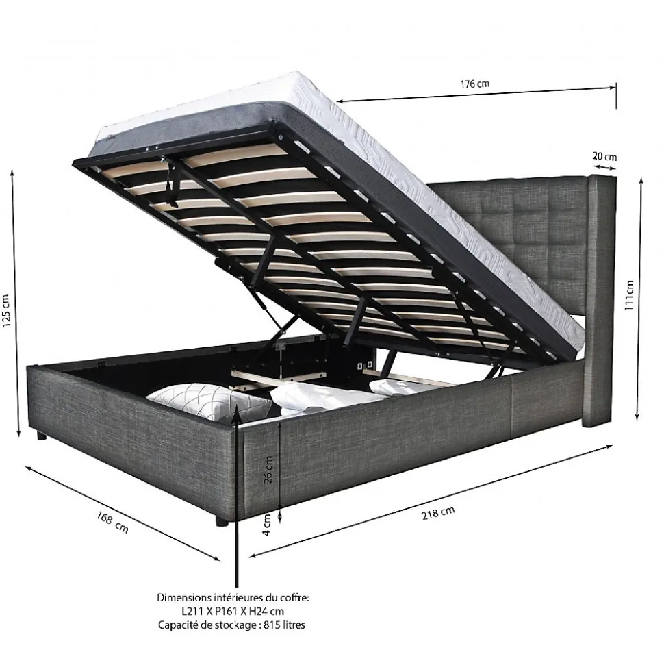 Lit coffre 2 places 160x200cm tissu Gris foncé avec sommier WALLE