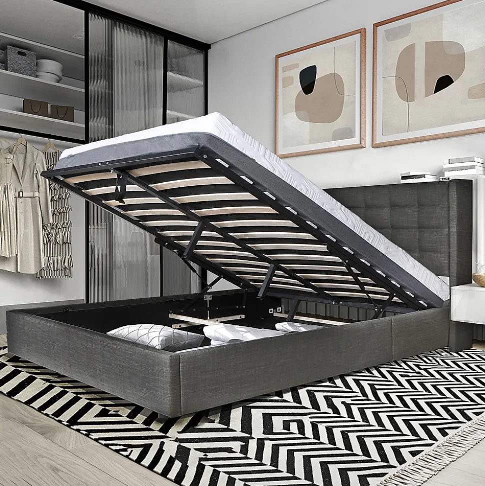 Lit coffre 2 places 160x200cm tissu Gris foncé avec sommier WALLE