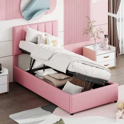 Lit coffre 90 sur 200 cm avec sommier hydraulique tête de lit en lin doux rose pour adultes ou adolescents