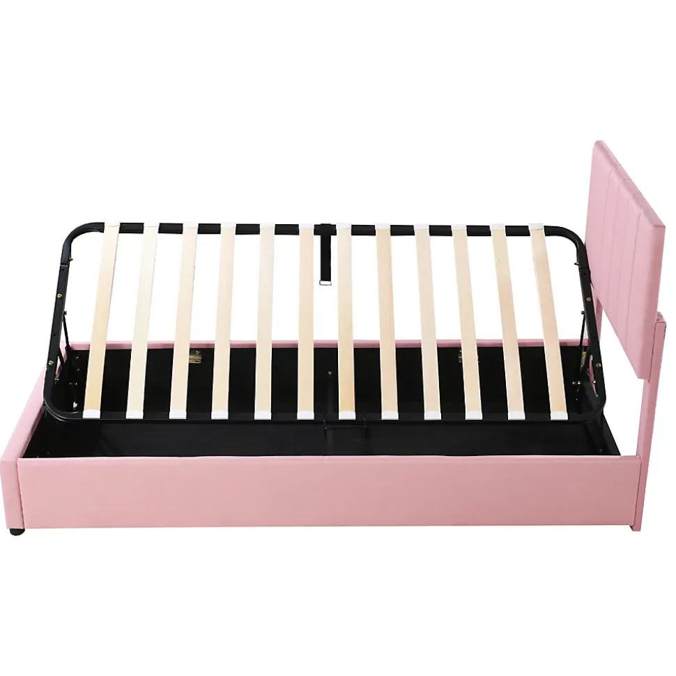 Lit coffre 90 sur 200 cm avec sommier hydraulique tête de lit en lin doux rose pour adultes ou adolescents
