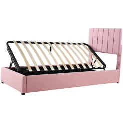 Lit coffre 90 sur 200 cm avec sommier hydraulique tête de lit en lin doux rose pour adultes ou adolescents
