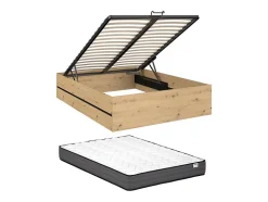 Lit coffre 140 x 190 cm - Coloris : Naturel et noir + Matelas - LUDARO