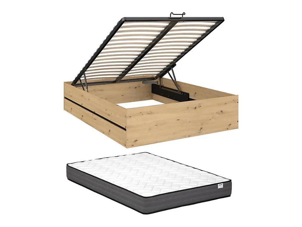 Lit coffre 140 x 190 cm - Coloris : Naturel et noir + Matelas - LUDARO