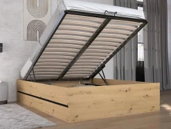 Lit coffre 140 x 190 cm - Coloris : Naturel et noir + Matelas - LUDARO