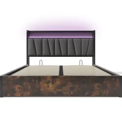 Lit coffre 140 x 200 cm - Lit adulte avec Tête de Lit LED + USB - Lin + Métal - Sans Matelas - Gris