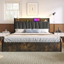 Lit coffre 140 x 200 cm - Lit adulte avec Tête de Lit LED + USB - Lin + Métal - Sans Matelas - Gris