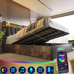 Lit coffre 180 x 200 cm - Lit adulte avec Tête de Lit LED + USB - Lin + Métal - Sans Matelas - Gris