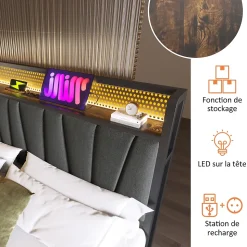 Lit coffre 180 x 200 cm - Lit adulte avec Tête de Lit LED + USB - Lin + Métal - Sans Matelas - Gris