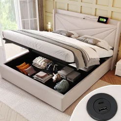 Lit coffre 180 x 200 cm - Lit double capitonné avec USB Type C - Coton et métal - Sans Matelas - Beige