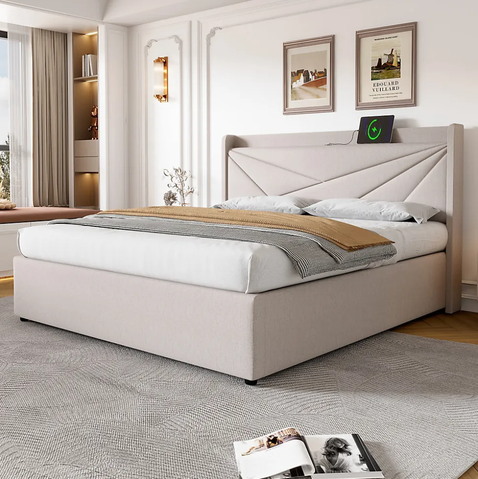 Lit coffre 180 x 200 cm - Lit double capitonné avec USB Type C - Coton et métal - Sans Matelas - Beige
