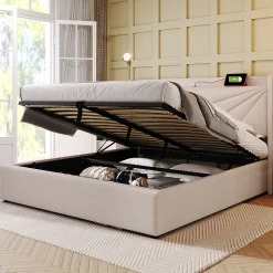 Lit coffre 180 x 200 cm - Lit double capitonné avec USB Type C - Coton et métal - Sans Matelas - Beige