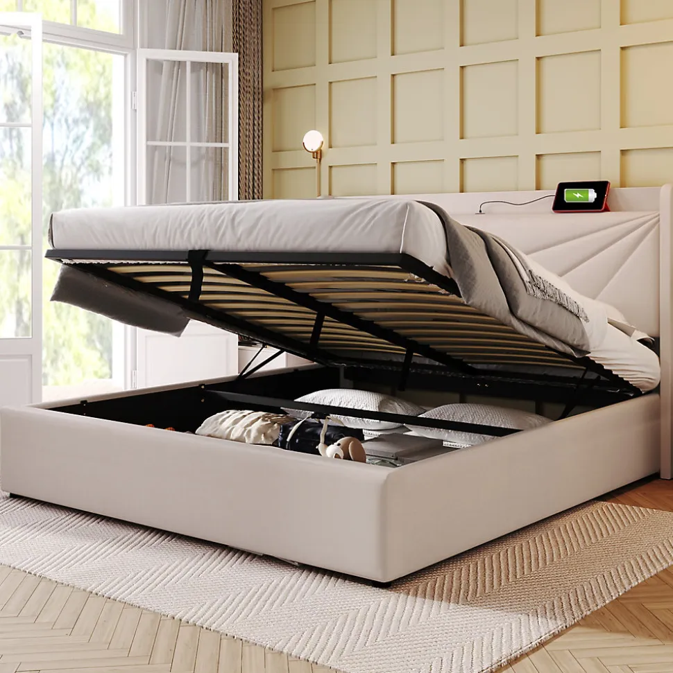 Lit coffre 180 x 200 cm - Lit double capitonné avec USB Type C - Coton et métal - Sans Matelas - Beige