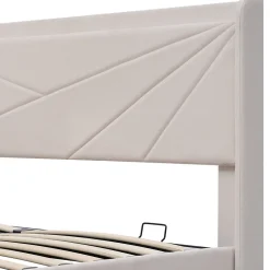 Lit coffre 180 x 200 cm - Lit double capitonné avec USB Type C - Coton et métal - Sans Matelas - Beige