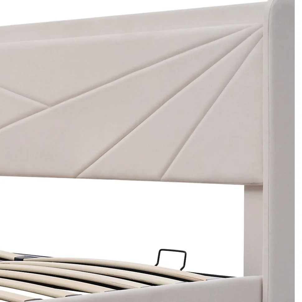 Lit coffre 180 x 200 cm - Lit double capitonné avec USB Type C - Coton et métal - Sans Matelas - Beige