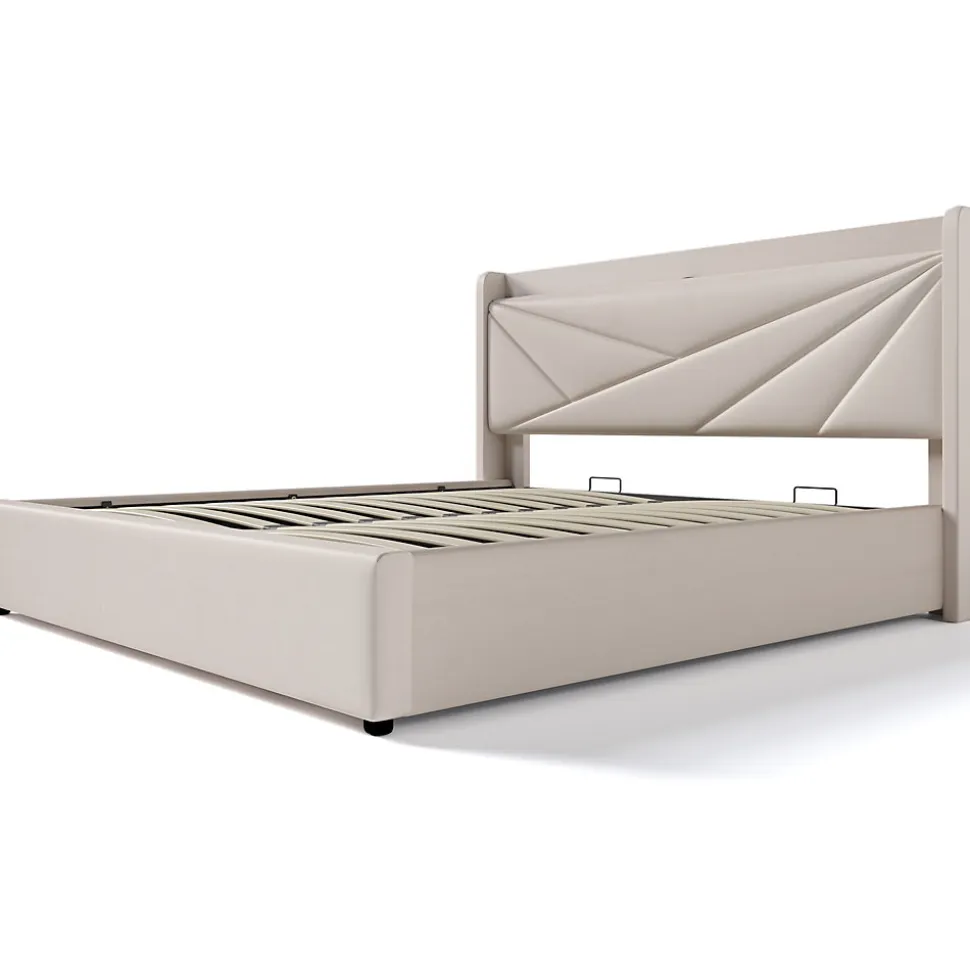 Lit coffre 180 x 200 cm - Lit double capitonné avec USB Type C - Coton et métal - Sans Matelas - Beige
