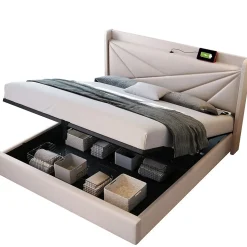 Lit coffre 180 x 200 cm - Lit double capitonné avec USB Type C - Coton et métal - Sans Matelas - Beige
