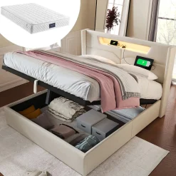Lit coffre 160 x 200 cm - Lit double avec USB Type-C + LED - Lin - avec Matelas - Beige