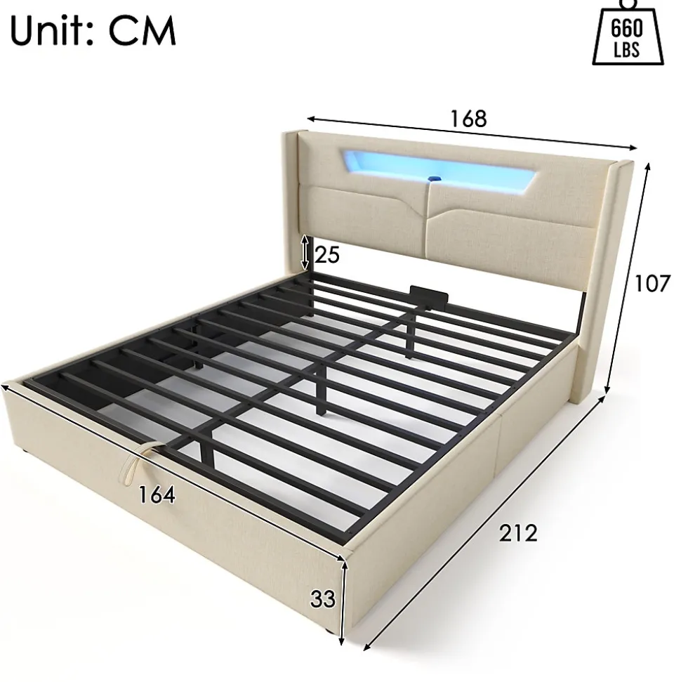 Lit coffre 160 x 200 cm - Lit double avec USB Type-C + LED - Lin - avec Matelas - Beige