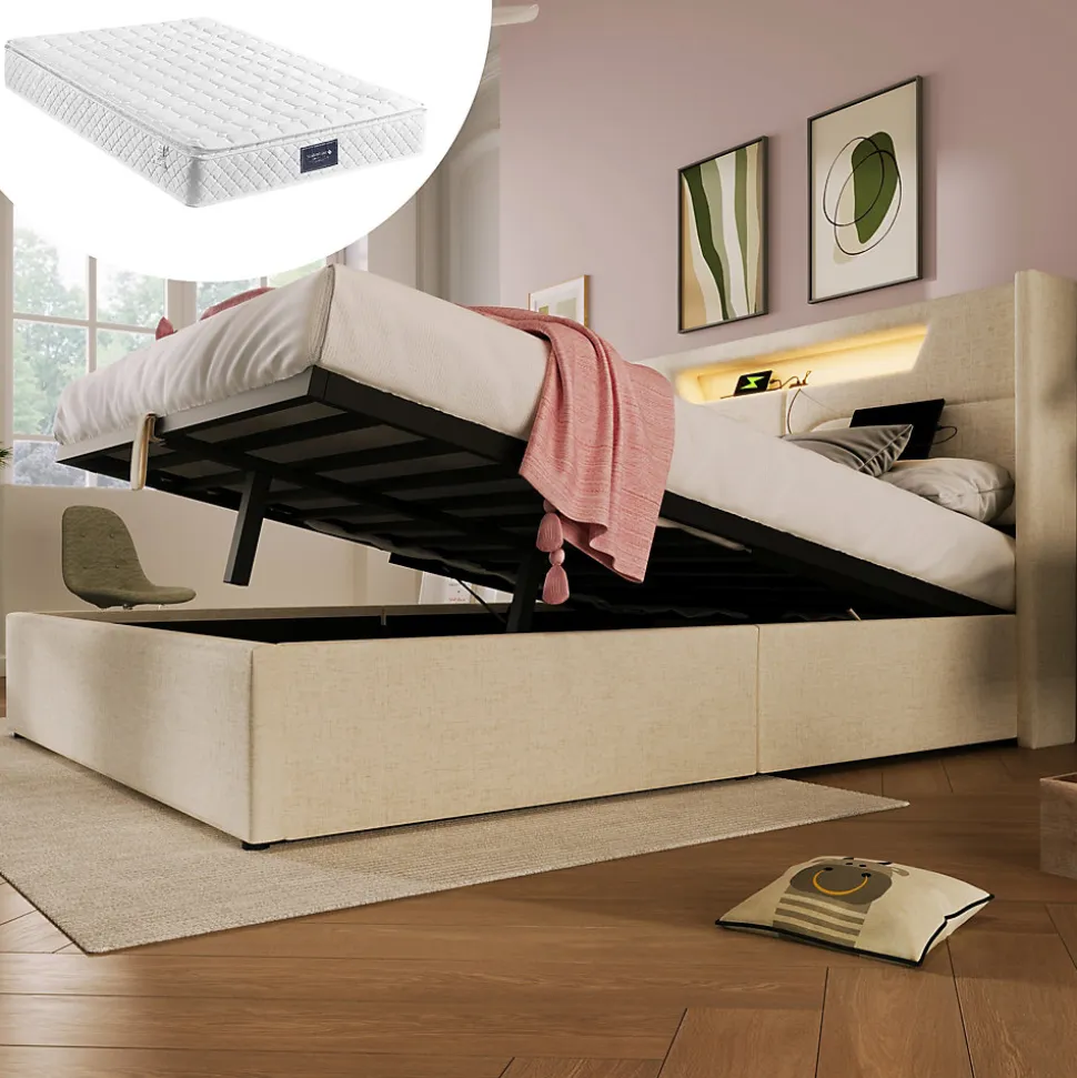 Lit coffre 160 x 200 cm - Lit double avec USB Type-C + LED - Lin - avec Matelas - Beige