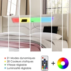 Lit coffre 160 x 200 cm - Lit double avec USB Type-C + LED - Lin - avec Matelas - Beige
