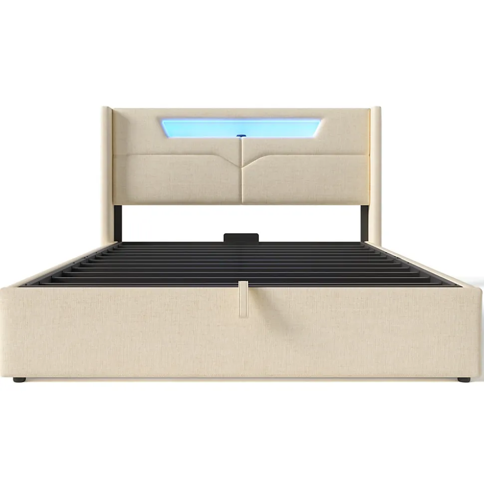Lit coffre 160 x 200 cm - Lit double avec USB Type-C + LED - Lin - avec Matelas - Beige