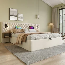 Lit coffre 160 x 200 cm - Lit double avec 2 tables de chevet et lampe de lecture - Velours - avec Matelas - Beige